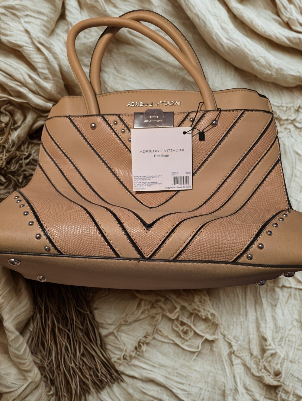 Adrienne Vittadini Tan Chevron-Panel Satchel Handbag